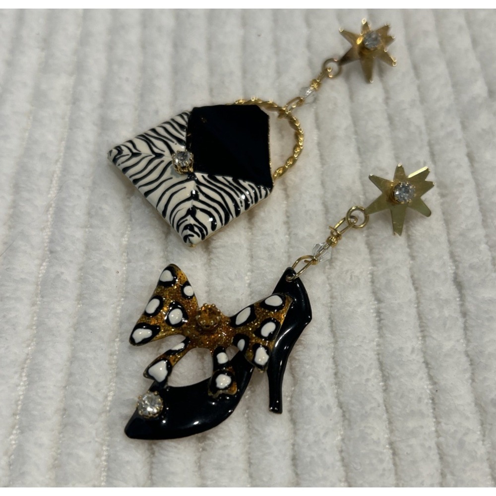 Lunch At The Ritz Pins Earrings Zebra Handbag Shoe Dangle Rhinestones‎ Enamel